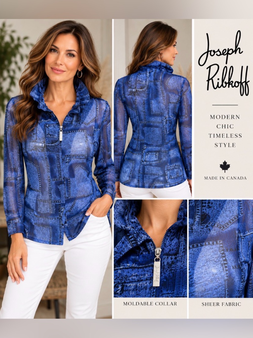 Joseph Ribkoff Blue Sheer Denim Print Top Wire Shapeable Collar Size 8